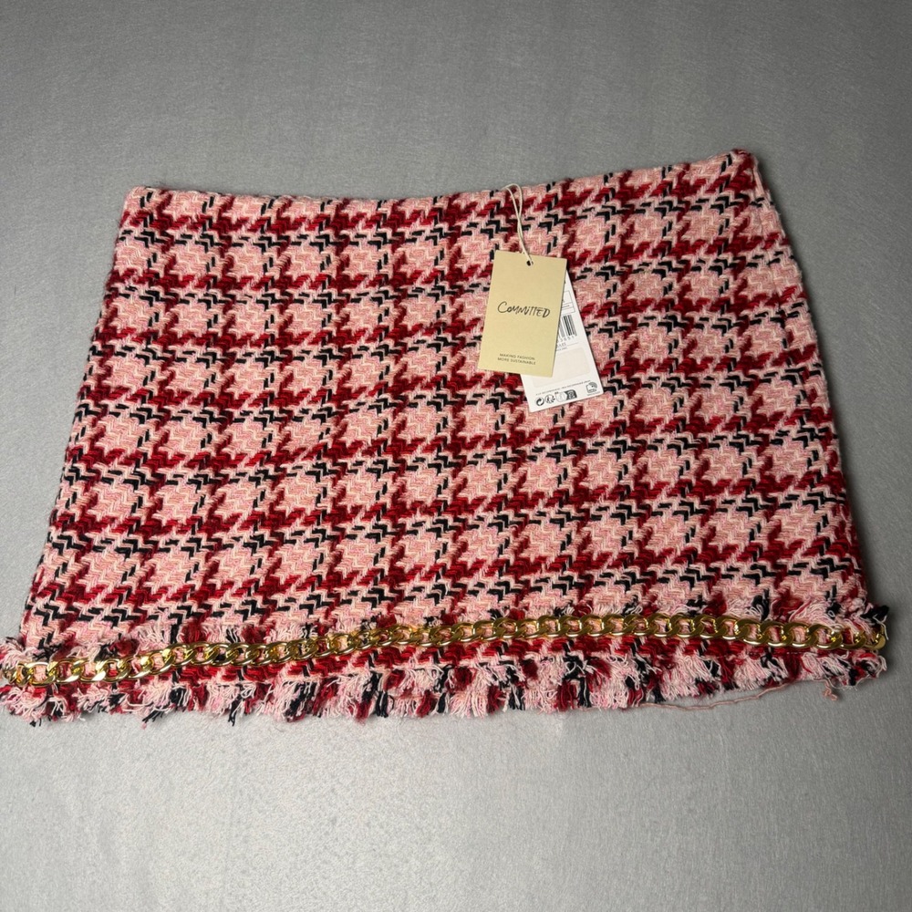 Mango MNG Pink Red Houndstooth Tweed Mini Skirt Gold Chain Hem 308JULES Small